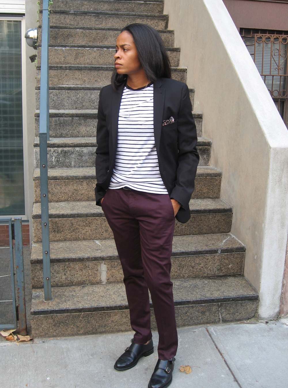 Burgundy pants cheap black shoes