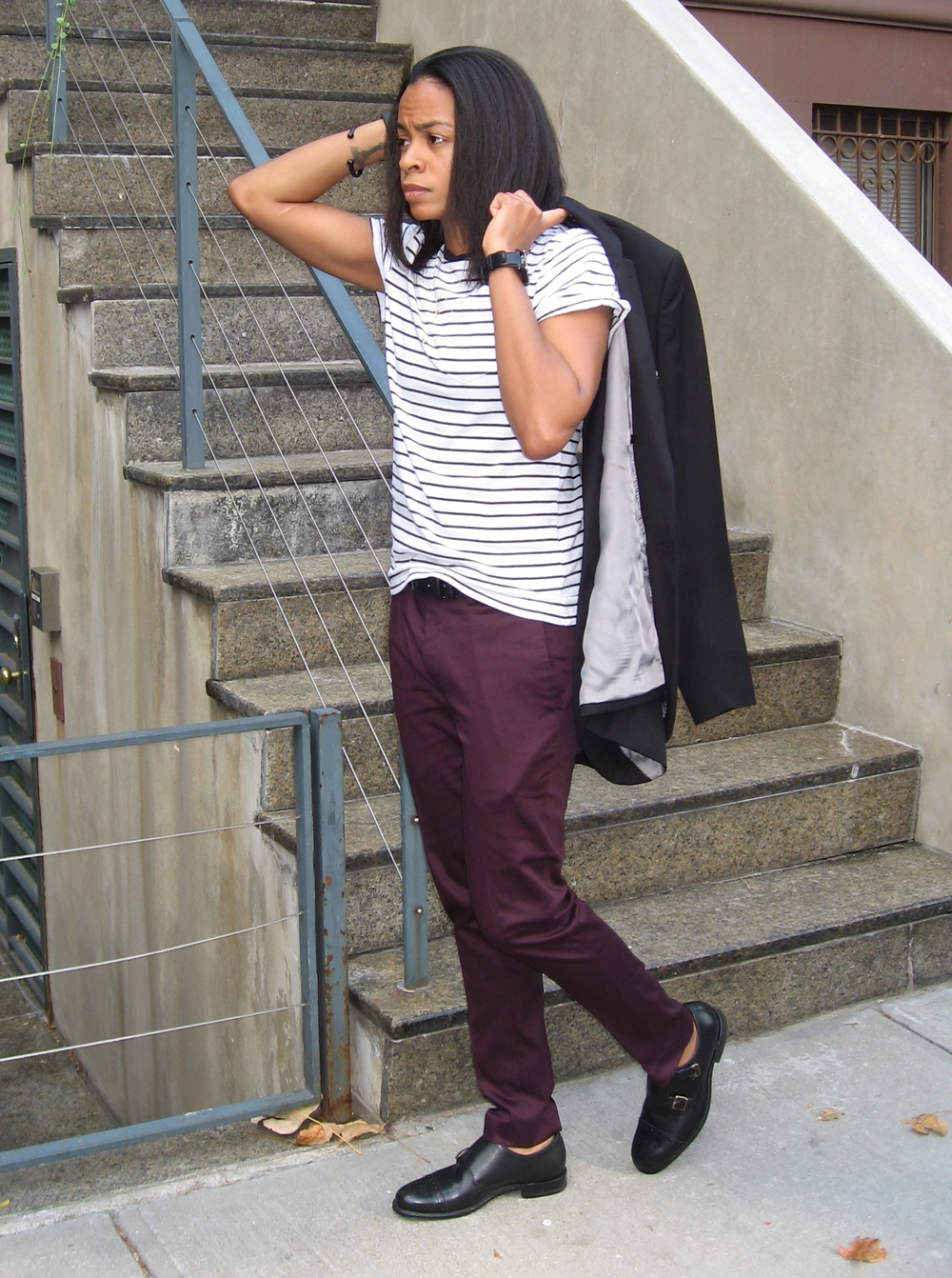 Burgundy pants black store shoes