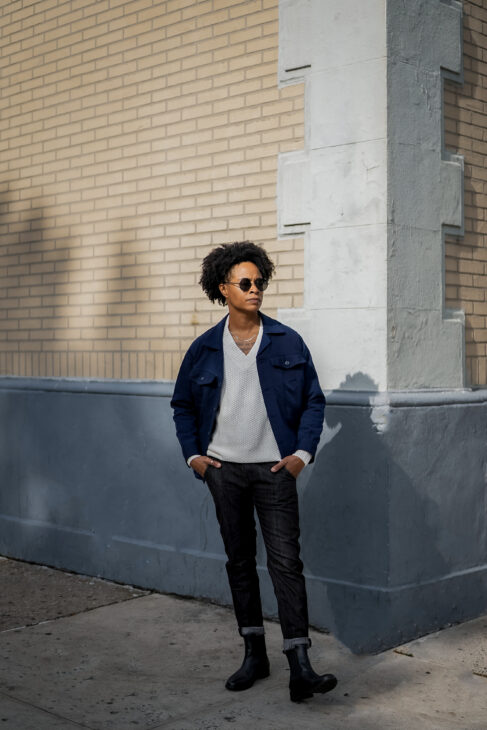 Navy Blue Kente and Fugu Bomber