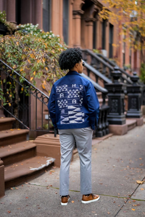 Statement Jacket - Navy Blue Kente and Fugu Bomber