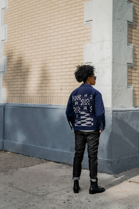 Statement Jacket - Navy Blue Kente and Fugu Bomber